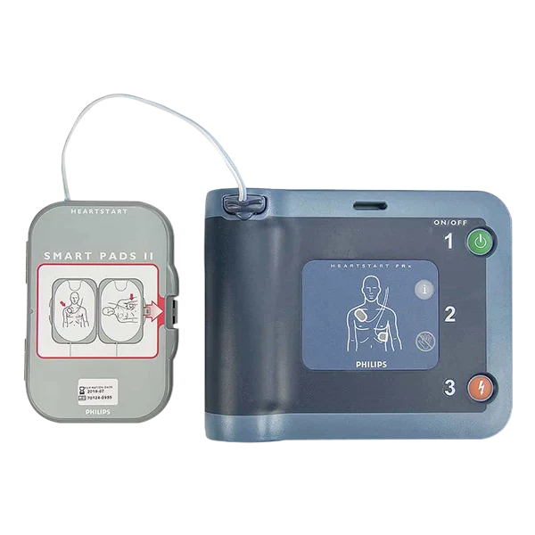 Blue Philips AED machine with cartridge