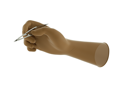 Brown latex glove holding a tool