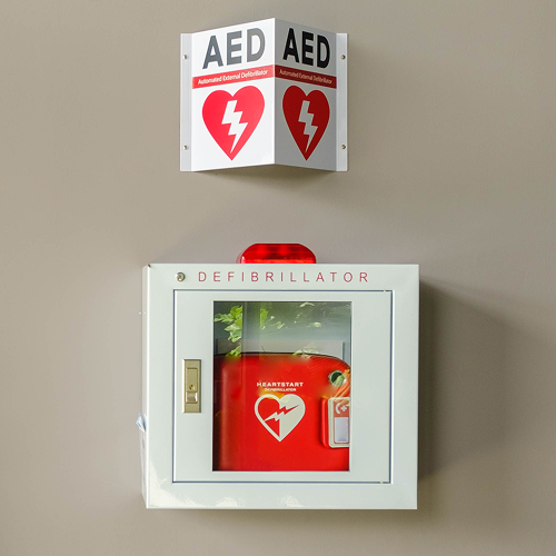 aed cabinet with alarm and sign